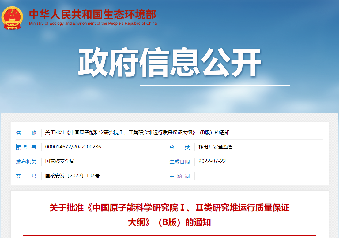 关于批准《中国原子能科学研究院Ⅰ、Ⅱ类研究堆运行质量保证大纲》(B版)的通知