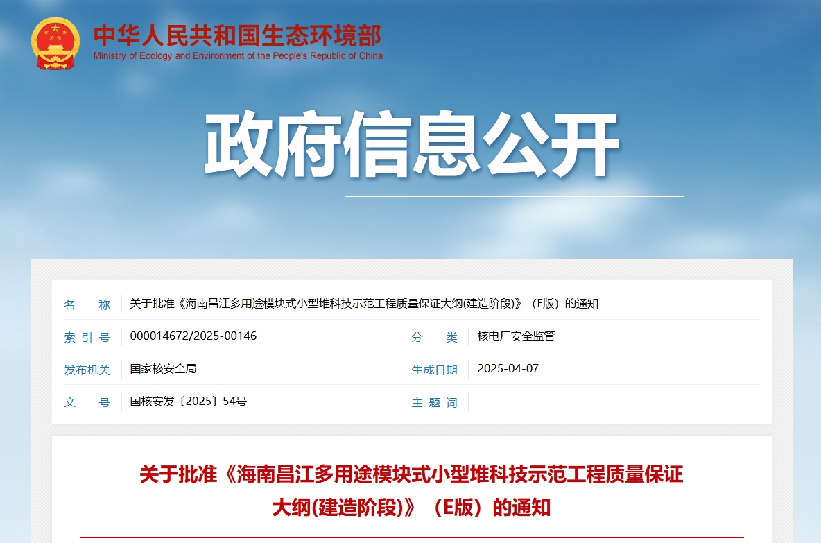 关于批准《海南昌江多用途模块式小型堆科技示范工程质量保证大纲(建造阶段)》(E版)的通知