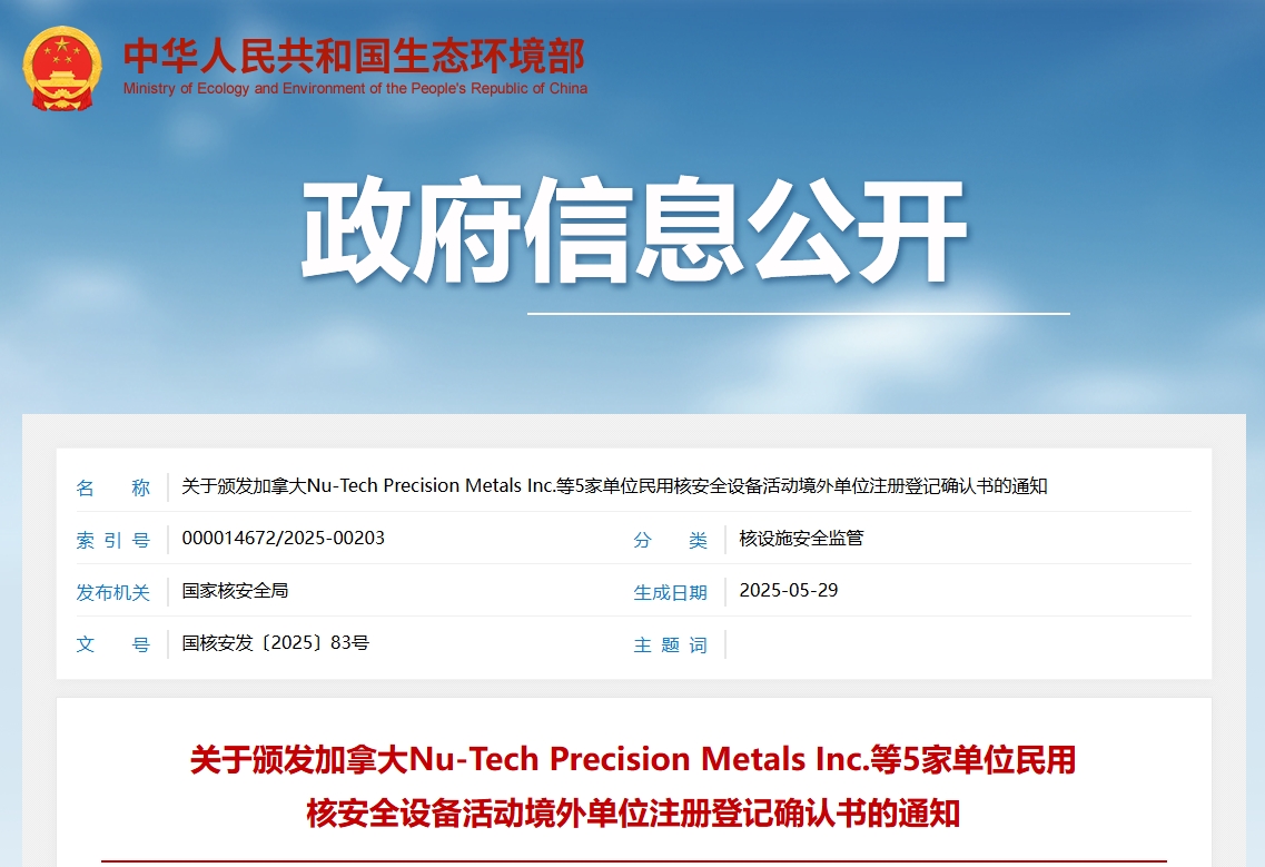 关于颁发加拿大Nu-Tech Precision Metals Inc.等5家单位民用核安全设备活动境外单位注册登记确认书的通知